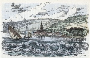 Vy över Seines tidvattenlopp till Caudebec-en-Caux (Caudebec en Caux) i Seine Maritime, Normandie (tidvattenloppet i Seine-floden a Caudebec en Caux, Normandie) Gravyr från "" La nature et l