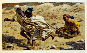 Illustration av Dinet ur "Mirages" Scener ur det arabiska livet. 1906. Mirages, Scenes De La Vie Arab illustrerades av Etienne Dinet och kommenterades av Silman Ben Ibrahim Bamer. Nasreddine Dinet föddes som Alphonse-Etienne Dinet; (1861-1929) var en frans av Alphonse Etienne Dinet