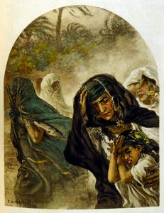 Illustration av Dinet ur "Mirages" Scener ur det arabiska livet. 1906. Mirages, Scenes De La Vie Arab illustrerades av Etienne Dinet och kommenterades av Silman Ben Ibrahim Bamer. Nasreddine Dinet föddes som Alphonse-Etienne Dinet; (1861-1929) var en frans av Alphonse Etienne Dinet