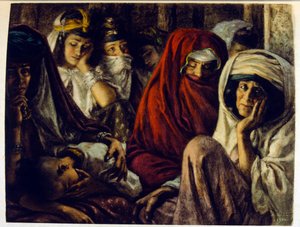 Illustration av Dinet ur "Mirages" Scener ur det arabiska livet. 1906. Mirages, Scenes De La Vie Arab illustrerades av Etienne Dinet och kommenterades av Silman Ben Ibrahim Bamer. Nasreddine Dinet föddes som Alphonse-Etienne Dinet; (1861-1929) var en frans av Alphonse Etienne Dinet