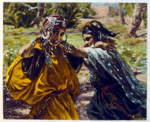 Illustration av Dinet från "Mirages" Scener av det arabiska livet. 1906. Mirages, Scénes De La Vie Arab illustrerades av Etienne Dinet med kommentarer av Silman Ben Ibrahim Bamer. Nasreddine Dinet föddes som Alphonse-Étienne Dinet; (1861-1929) var en frans av Alphonse Etienne Dinet