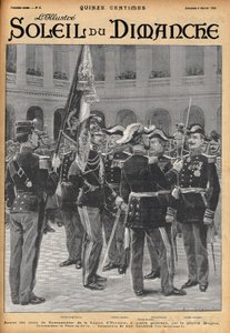 Presentation av Hederslegionens befälhavarkors för fyra generaler (Gosse Dubois, General Colonna, General Toulza, General Dalstein) av General Brugere. Gravyr av Lalauze för en av "Le Soleil-du-Dimanche" i februari 1900.