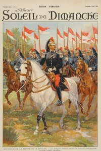 Recension av den 14 juli, Dragonregementet som paraderar framför presidentens läktare, illustration från omslaget till "Soleil du Dimanche" 5 augusti 1900