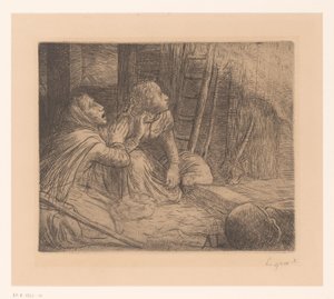 Två knästående kvinnor tittar upp av Alphonse Legros (signed by artist)