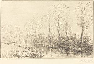 Björkträd: vattenkanten sett i morgonljus av Alphonse Legros