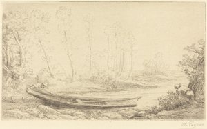 Man med en punkt, figur till höger Pecheurs des truites. av Alphonse Legros