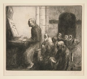 Munk som spelar orgel i en kyrka av Alphonse Legros