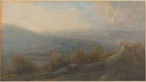 Bergslandskap med två figurer till höger av Alphonse Legros