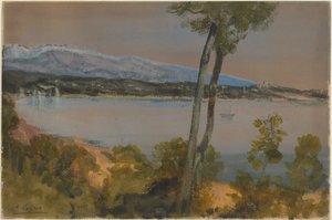 Berg som skymtar bortom en sjö av Alphonse Legros