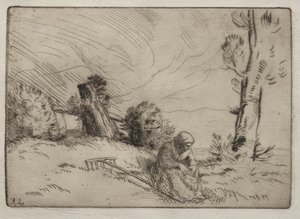 Bondekvinna som sitter nära en häck av Alphonse Legros