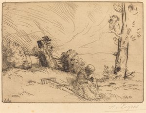 Bondekvinna som sitter nära en häck av Alphonse Legros