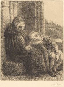 Kvinna som sitter mot en vägg, barn med huvudet i knäet av Alphonse Legros