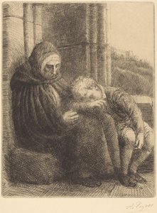 Kvinna sittande mot en mur, barn med huvudet i hennes knä (Kvinna sittande, mur i bakgrunden, barn med huvudet i hennes knä) av Alphonse Legros