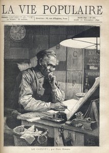 En koncentrerad kopist som arbetar på sitt kontor. Illustration av Alfons Maria Mucha (Alphonse Marie Mucha av Alphonse Mucha
