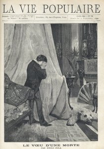En man eplorer, gömmer sina tårar och ansiktet i en näsduk, stående bakom sänghimmeln, i ett rikt dekorerat sovrum, med björnskinn, broderade kuddar, fläkt och olika vaser och ljusstakar. Illustration av Alfons Maria Mucha (Alphonse Mar av Alphonse Mucha