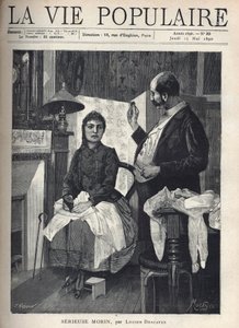 En sjuk ung kvinna, med febriga ögon, håller en spargris i handen och möter med trötthet en stor läkare som använder ett instrument för att kontrollera hennes öron. På knäna på den unga kvinnan som sitter nära den öppna spisen, såväl som på möblerna, är vi av Alphonse Mucha