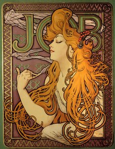 Reklam för märket av papper en cigarett "" Job", Litografi av Alphonse Mucha (1860-1939), illustratör tchecoslovaque av Alphonse Mucha