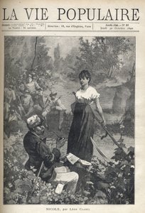 En gammal man läser ett brev till en vacker ung bonde som håller i en falsk (reaper). Jägare tittar på scenen i fjärran. Illustration av Alfons Maria Mucha (Alphonse Marie Mucha av Alphonse Mucha