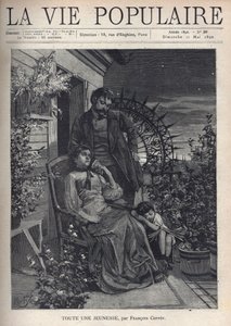 På natten, på en blommig balkong, är en familj samlad runt mamman som sitter på en fåtölj och håller sin mans hand bakom henne, både ser ledsna och skjutna ut. Vid deras fötter, hans huvud vilande på sin mor, ett sittande barn sover, en öppen bok le av Alphonse Mucha