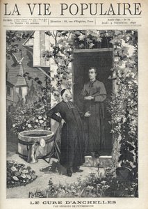 Vid ingången till presbyteriet riktas en behandling till en yngre person. Trädgården är mycket blomstrande, utrustad med en tank och en vattenkanna, längst ner kan du se byns klocktorn. Illustration av Alfons Maria Mucha (Alphonse Mar av Alphonse Mucha