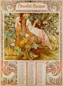 Chocolate Masson-kalender illustrerad av Mucha (1860 – 1939). en tjeckisk jugendmålare av Alphonse Mucha