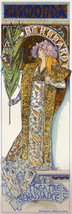 Underhållning. Gismonda, pjäs av Victorien Sardou med Sarah Bernhardt på Theatre de la Renaissance, Paris. Affisch från Mucha, Frankrike