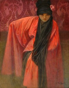 Girl in Red par Mucha, Alfons Marie (1860-1939), ca. 1914 - Tempera på duk, 60,5x47 - Privat samling av Alphonse Mucha