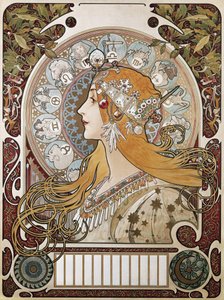 MUCHA, Alphonse Maria (1860-1939). Zodiaken. 1896. (67 x 48 cm). Affisch och kalender som annonserar tidningen "La Plume"" (Fjädern). Modernism. Litografi