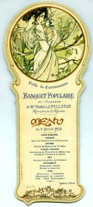 Meny för en populär bankett anordnad i Carcassonne den 7 april av Alphonse Mucha
