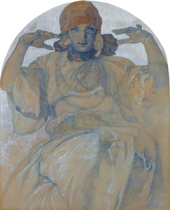 ""Porträtt av konstnärens dotter Jaroslava Muchova (1909-1986)"" (Porträtt av konstnärens dotter, Jaroslava) Målning av Alphons Mucha (1860-1939) - cirka 1924 Dim 51x41 cm Privat samling av Alphonse Mucha