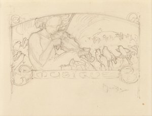 Studie av en kvinna som spelar fiol, av Alphonse Mucha