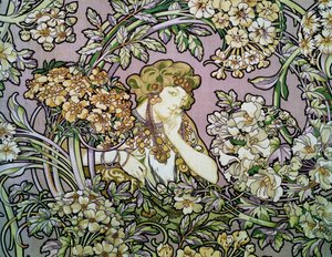 Kvinna bland blommor, ca 1900 (litografi på silkesammet)