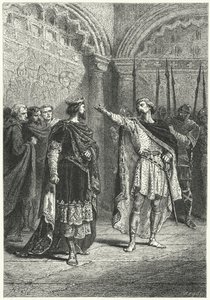 Hugh Capet, frankernas kung, och den rebelliske greve Adalbert av Perigord, 987 (gravyr)