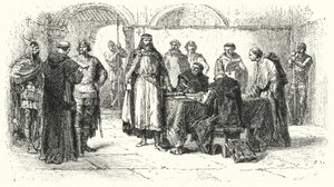 Proklamationen av katolicismen som religionen i det gotiska kungariket i Spanien vid det tredje konciliet i Toledo, 589 (gravyr)