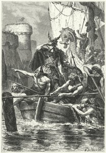 Den normandiska flottan attackerar Paris, 885 (gravyr) av Alphonse Marie de (after) Neuville