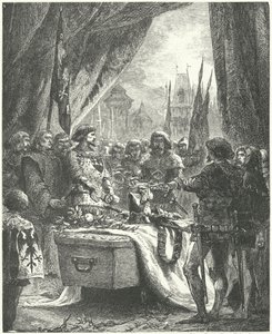 Befälhavaren för Chateauneuf de Randon lägger nycklarna till staden på Bertrand du Guesclins kista av Alphonse Marie de (after) Neuville