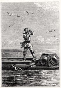 Kapten Nemo på toppen av Nautilus, från "20 000 mil under havet" av Jules Verne (1828-1905), graverad av Henri Theophile Hildibrand (1824-97).