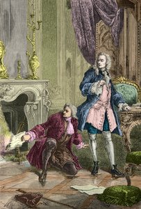 Charles Jean Francois Henault räddar manuskriptet till La Henriade som Voltaire hade kastat in i elden (Gravyr) av Alphonse Marie de Neuville
