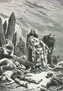 Edith med svanhals hittar kung Harolds kropp på slagfältet vid Hastings år 1066 (Gravyr) av Alphonse Marie de Neuville