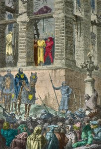 Enguerrand de Marigny avrättas på galgen i Montfaucon 1315 (Gravyr) av Alphonse Marie de Neuville