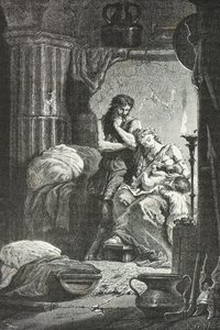 Eponine de Langres ammar Julius Sabinus barn i en grotta (Gravyr) av Alphonse Marie de Neuville