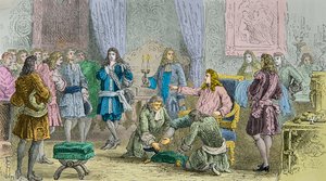 Ludvig 14:s uppstigande i närvaro av hovmännen (Gravyr) av Alphonse Marie de Neuville