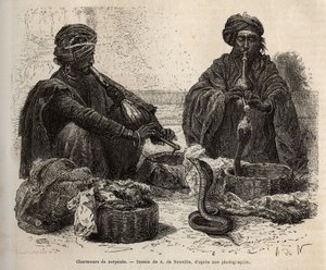 Les charmeurs de serpents, som handlar med reptiler, som de lockar till sig genom att blåsa i sin toumril (flöjt), gravyr efter teckningen av A. de Neuville, som illustrerar Rajahernas resa till Indien, 1864-1868, av Louis Rousselet, publicerad i "" Le tou av Alphonse Marie de Neuville