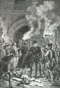 Massacre de la Saint Barthelemy, Duc de Guise knuffar Gaspard de Colignys lik med foten (Gravyr) av Alphonse Marie de Neuville