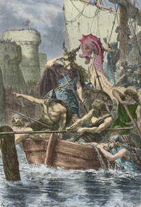 Rollons vikingabåtar framför Paris murar år 886 (Gravyr) av Alphonse Marie de Neuville