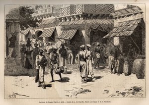 Korsningen av Chandni chowk, guldmaskarnas gata, den huvudsakliga artären för kommersiella och hantverksaktiviteter, som korsar Dehli från den stora porten till palatset till porten till Lahore, gravyr efter ritningen av A. de Neuville, som illustrerar res