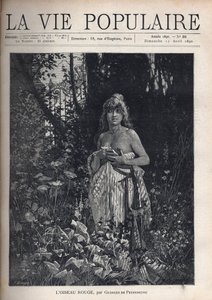 En naken ung kvinna, stående och decoiffe, täcker sin kropp med en filt, omgiven av vegetation och träd som maskerar ett smidesjärnsgaller. Illustration av Alfons Maria Mucha (Alphonse Marie Mucha av Alphonse Mucha