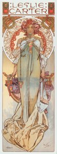 Reklamillustration av Alphonse Mucha som representerar scenskådespelerskan Leslie Carter i hennes nya pjäs "" Kassa" - 1908 Dim 78x209 cm Privat samling av Alphonse Mucha