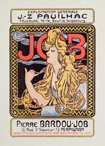Reklamaffisch för cigarettpapper Job skapad av Alphonse Mucha (1860-1939) 1900 - sön 12x8 cm Reklamaffisch för cigarettpapper Job släppt av Alphonse Mucha, 1900 - Privat samling