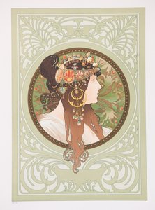 Bysantinska huvuden: brunett, 1897. av Alphonse Mucha
